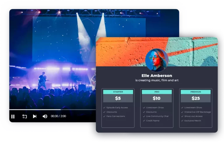 Image of a concert with a person performing on stage, alongside a profile card for "Elle Amberson" detailing subscription tiers for Creator content on her web app, starting at $5, $10, and $25 per month.